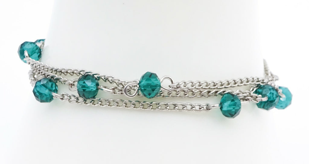 Vintage Silver tone Green Crystal Bead Chain Link Bracelet 7" - 8 .5"