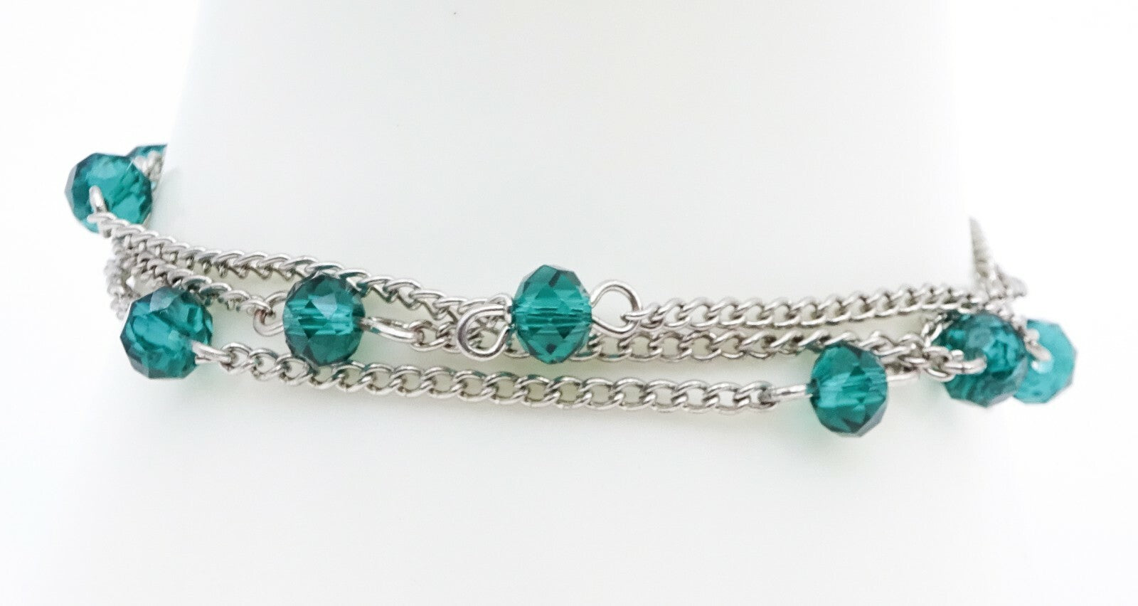 Vintage Silver tone Green Crystal Bead Chain Link Bracelet 7" - 8 .5"