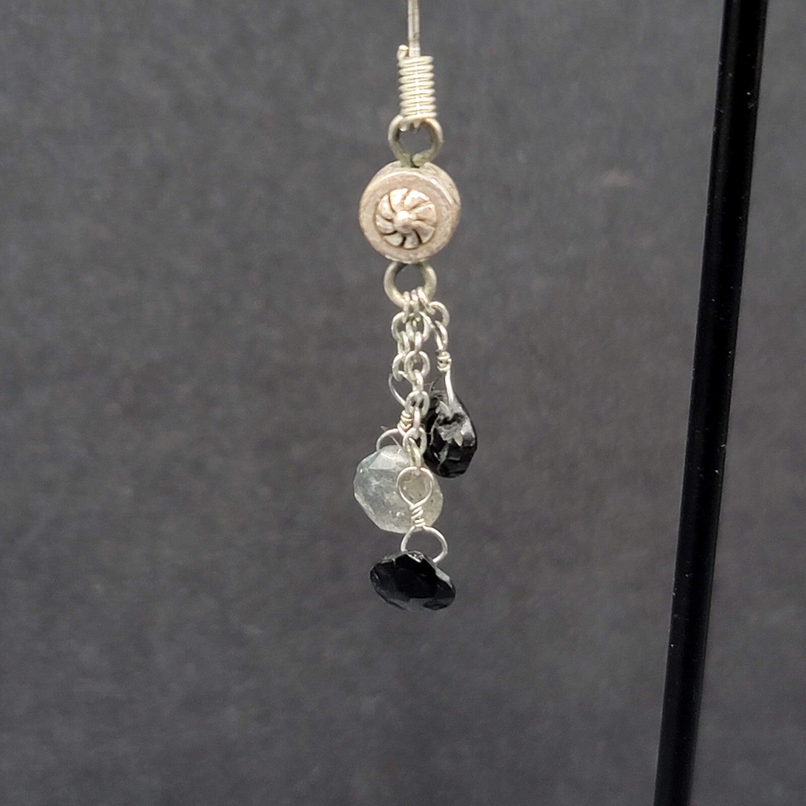 Pierced Earrings Silver tone Black Gray Stones on Dangle Chains 1.25"
