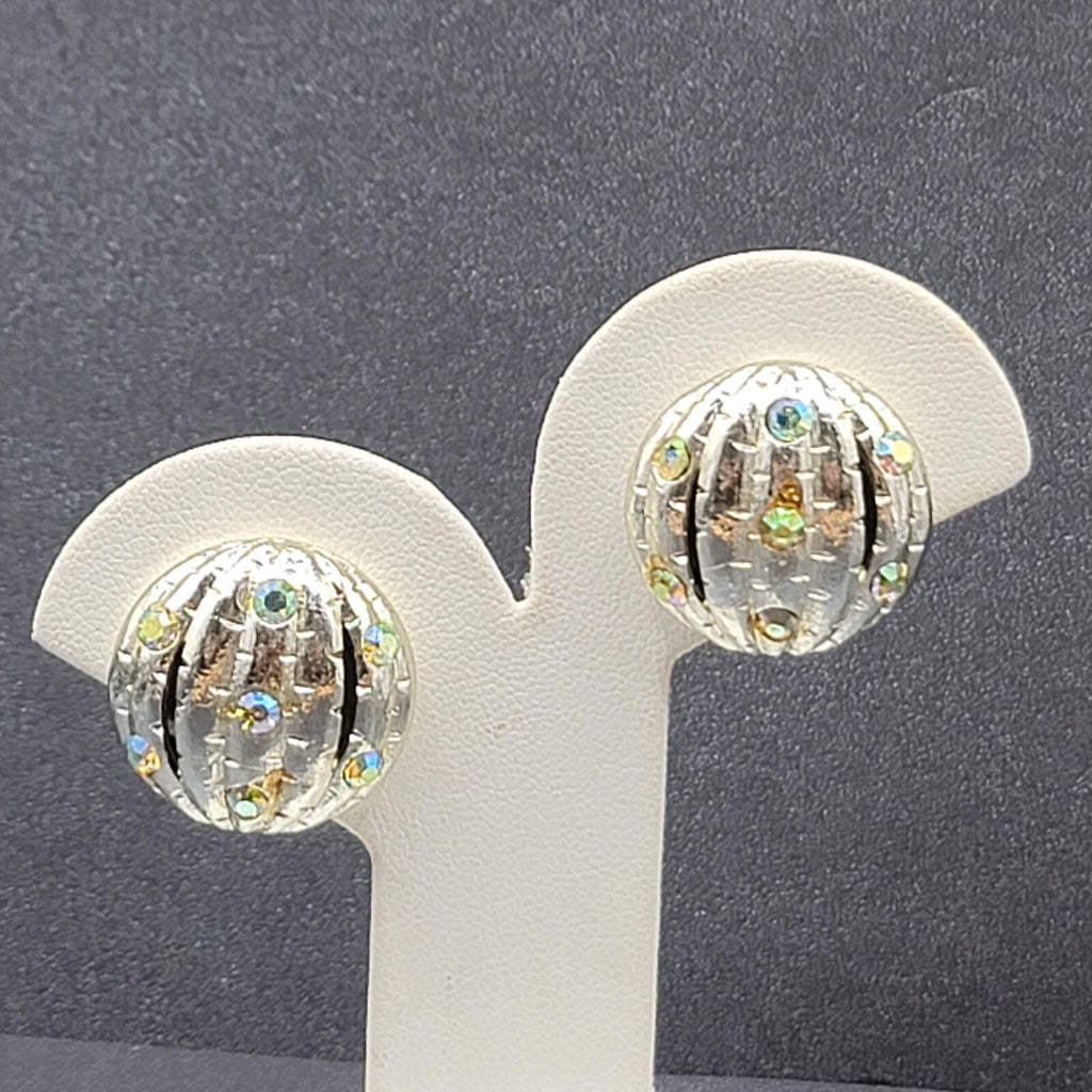 Vintage Flower Brooch Clip on Earrings Set Silver tone AB Rhinestone