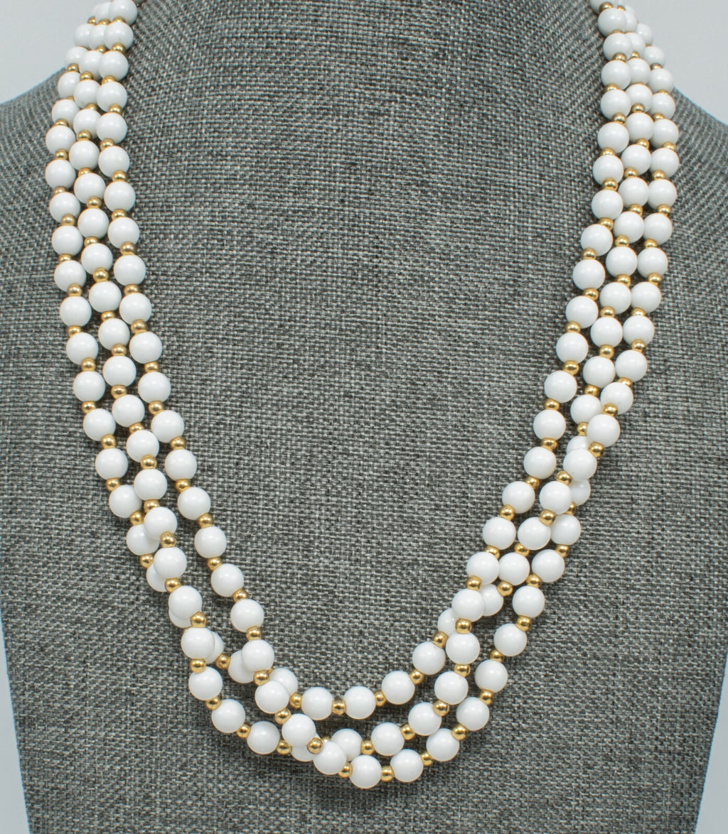 Vintage Triple Strand White & Gold Beaded Necklace Costume Estate 18" - 20'