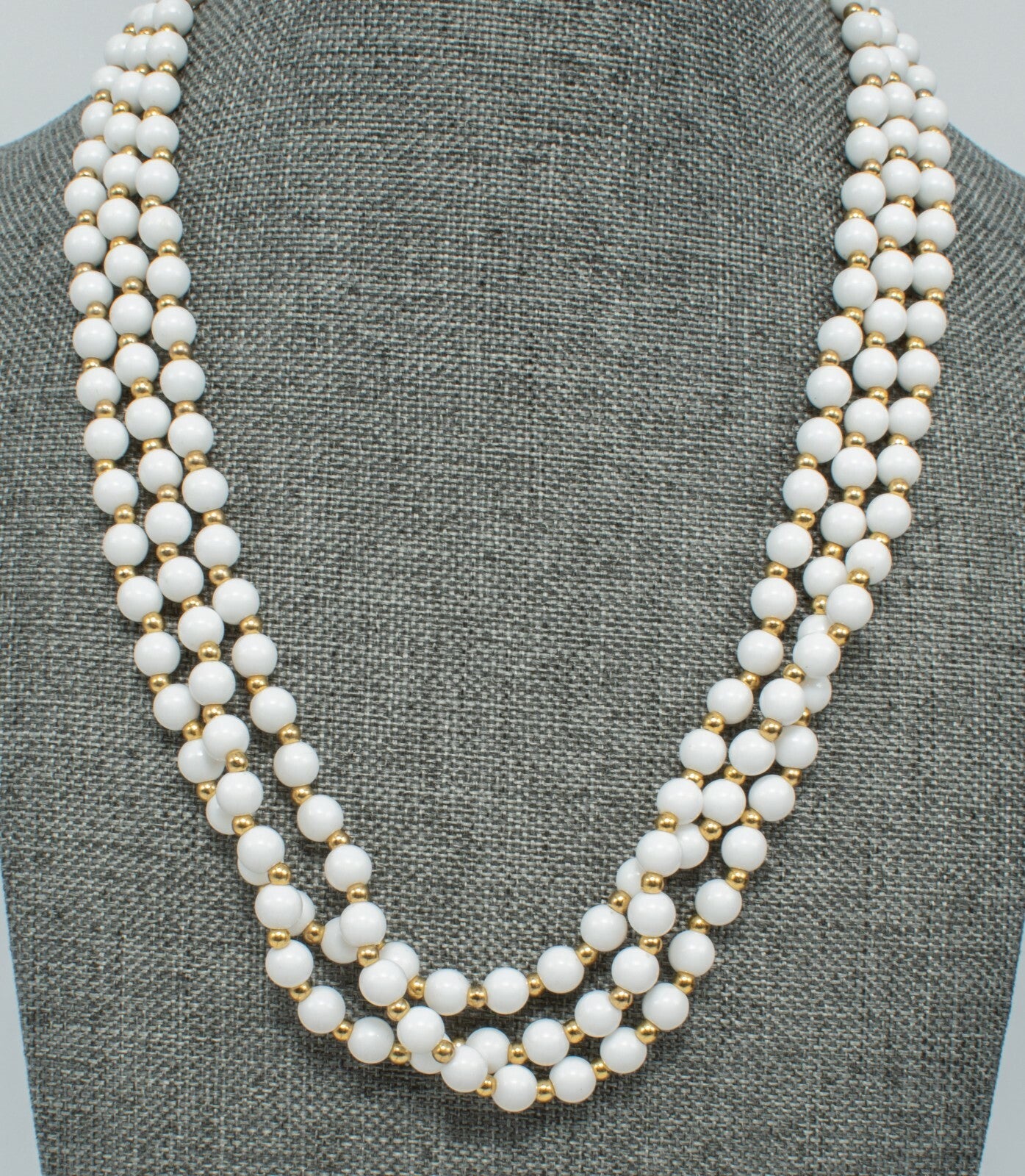 Vintage Triple Strand White & Gold Beaded Necklace Costume Estate 18" - 20'