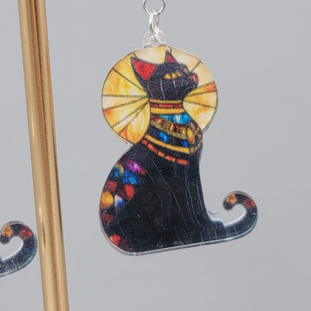 Egyptian Kitty Cat Sun Ray Pierced Earrings Stained Glass Look Acrylic 1.5"