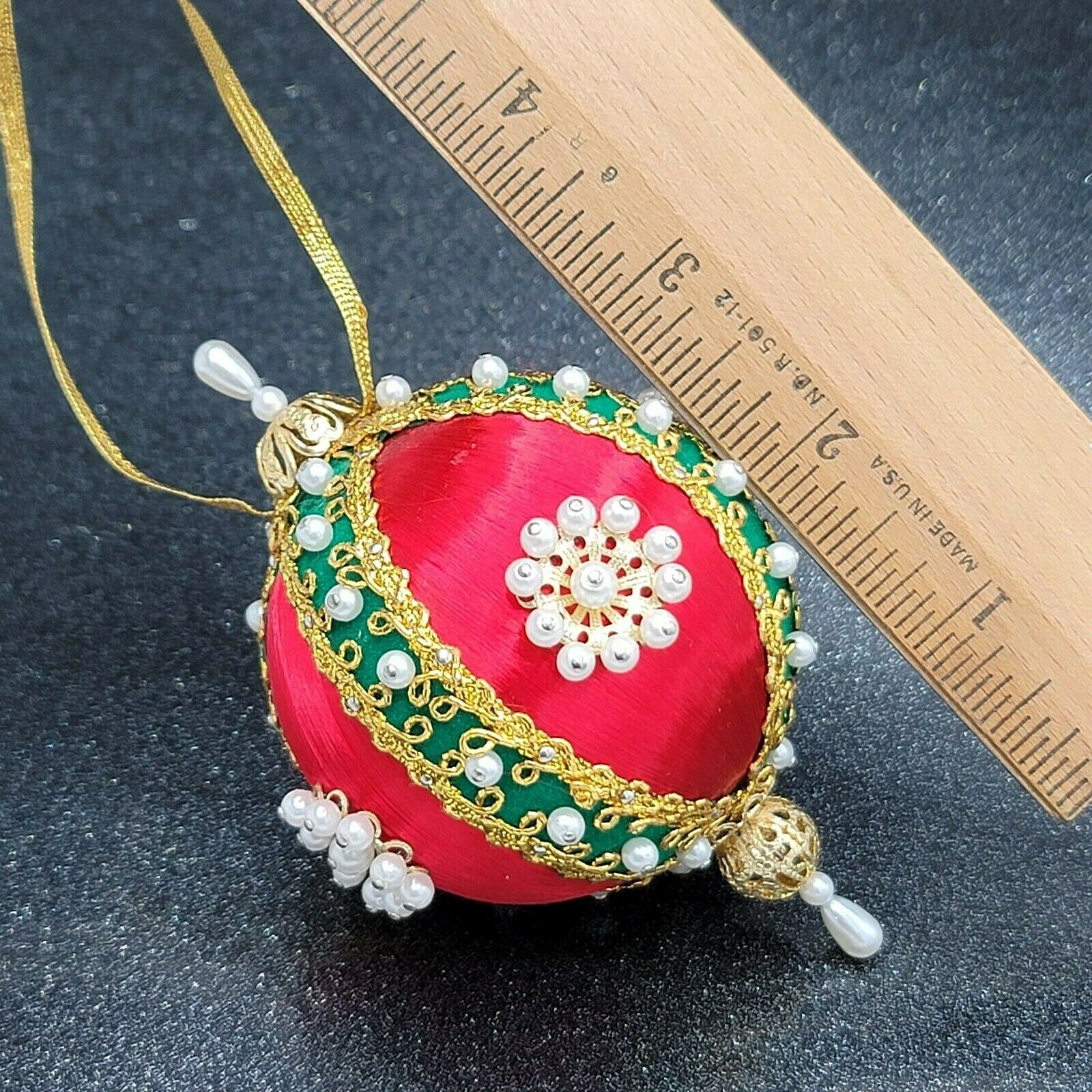 Vintage Red Spun Satin Pearl Push Pin Christmas Ornament Velvet Ribbon Beads 4"
