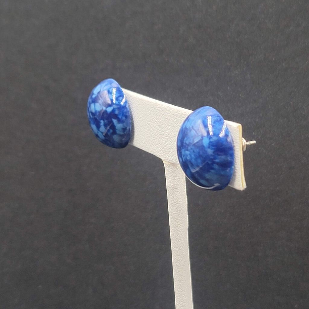 Vintage Pierced Earrings Blue Speckled Dome Studs 5/8"