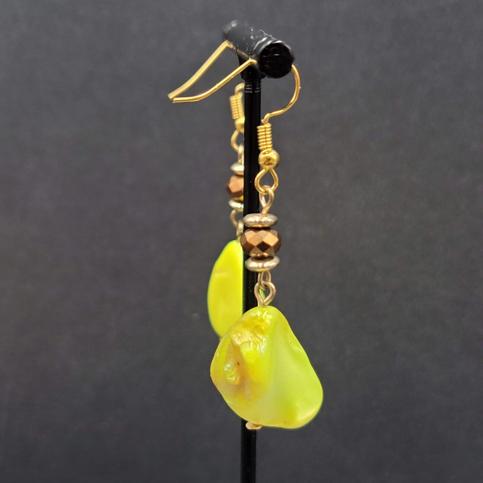 Pierced Earrings Gold tone Neon Yellow Shell Beaded Dangle 1.5"