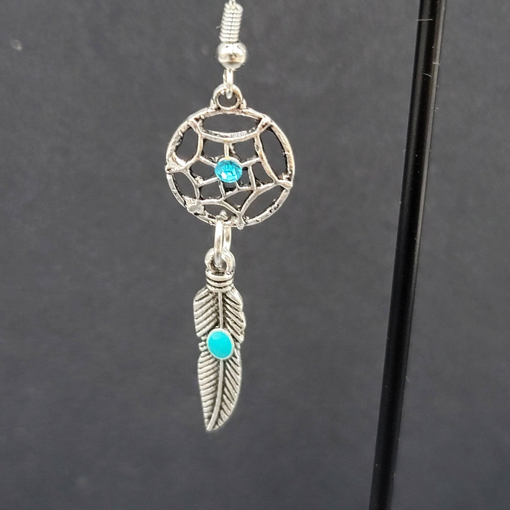 Dreamcatcher Pierced Earrings Silver tone Blue Rhinestone Enamel Feather  1 5/8"