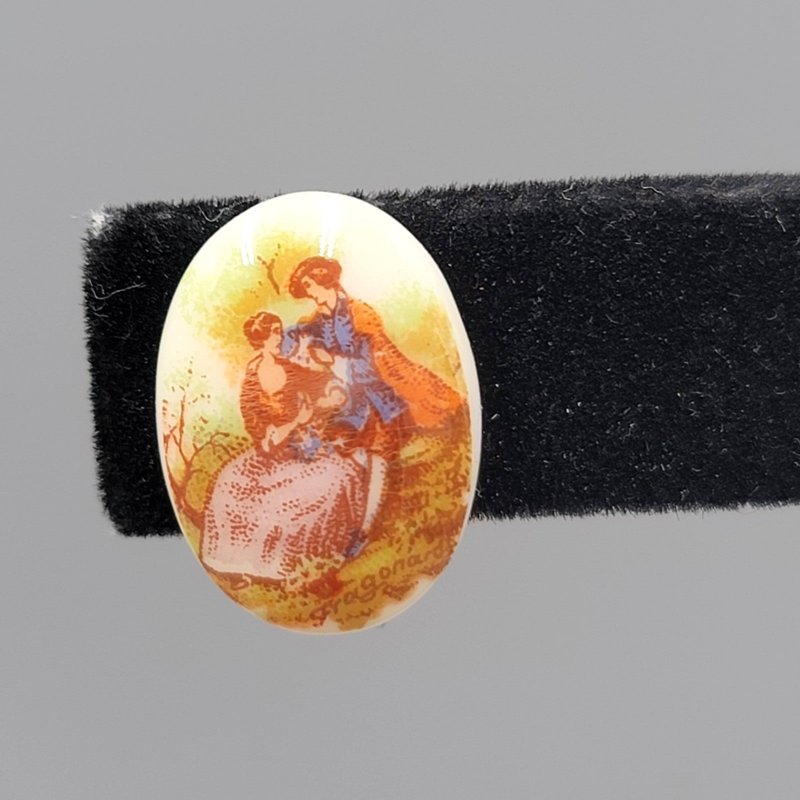 Vintage Victorian Scene Clip on Earrings Porcelain Oval Studs 3/4"
