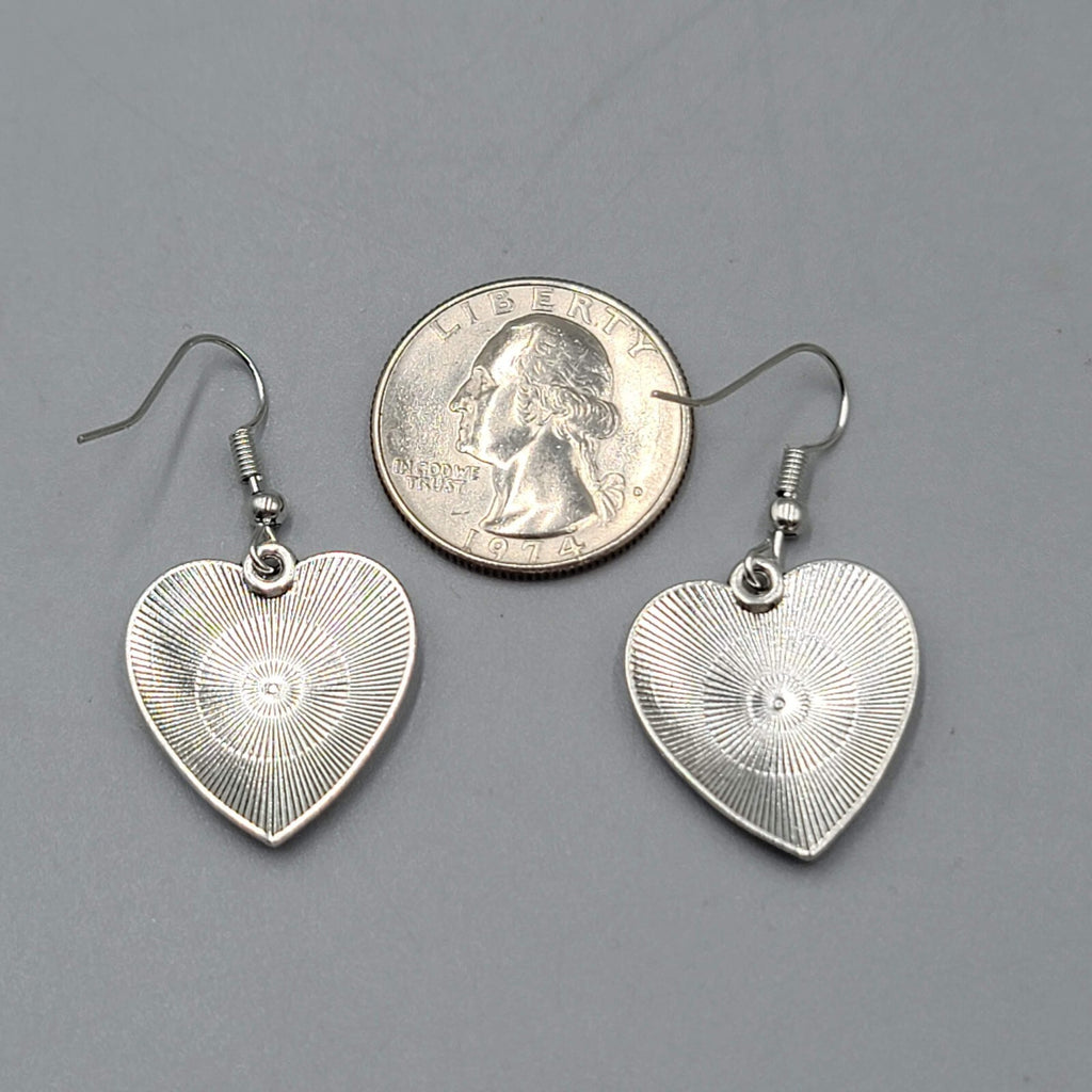 Satin Enamel Heart Pierced Earrings Black Swirl Accent Silver tone Dangle 1"