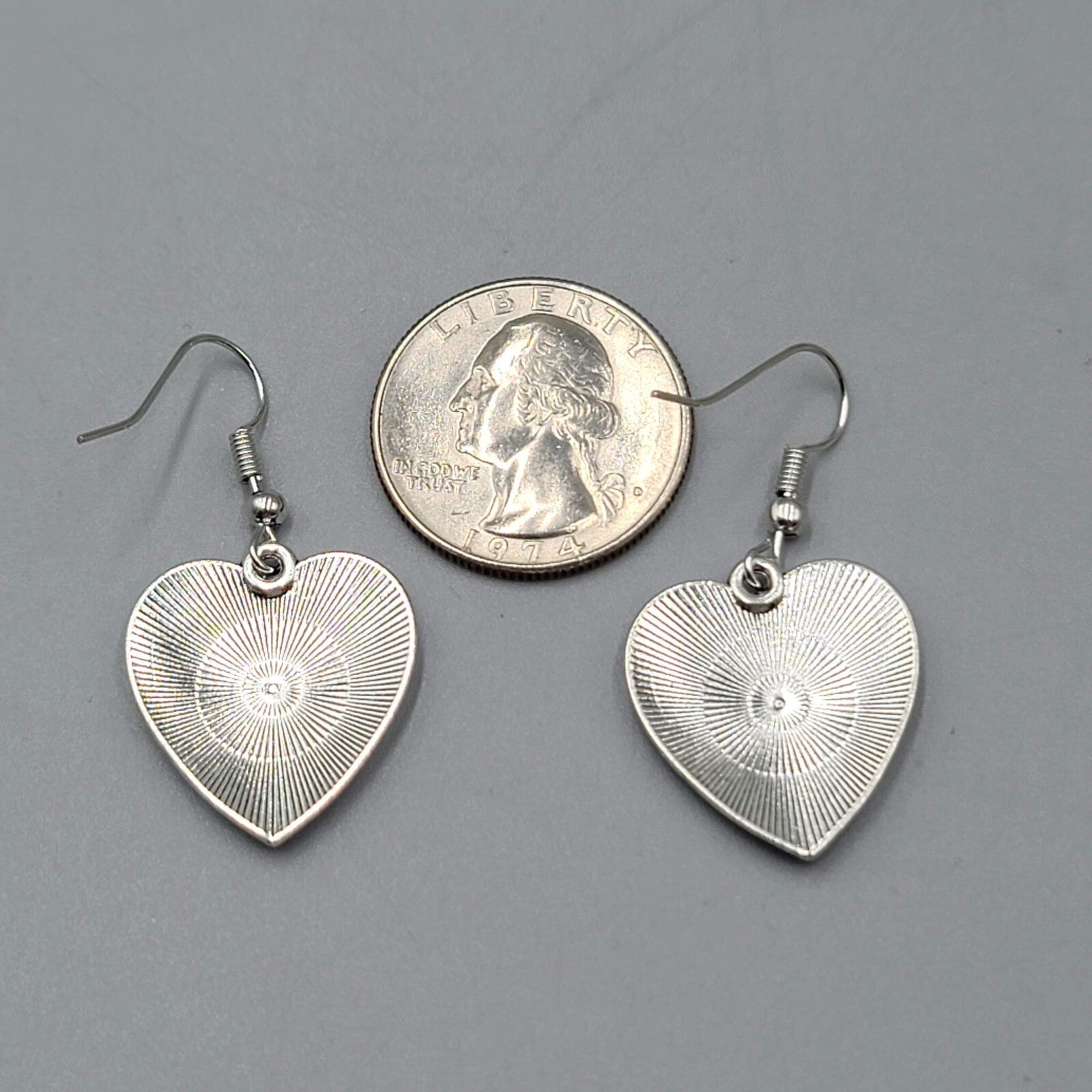 Satin Enamel Heart Pierced Earrings Black Swirl Accent Silver tone Dangle 1"