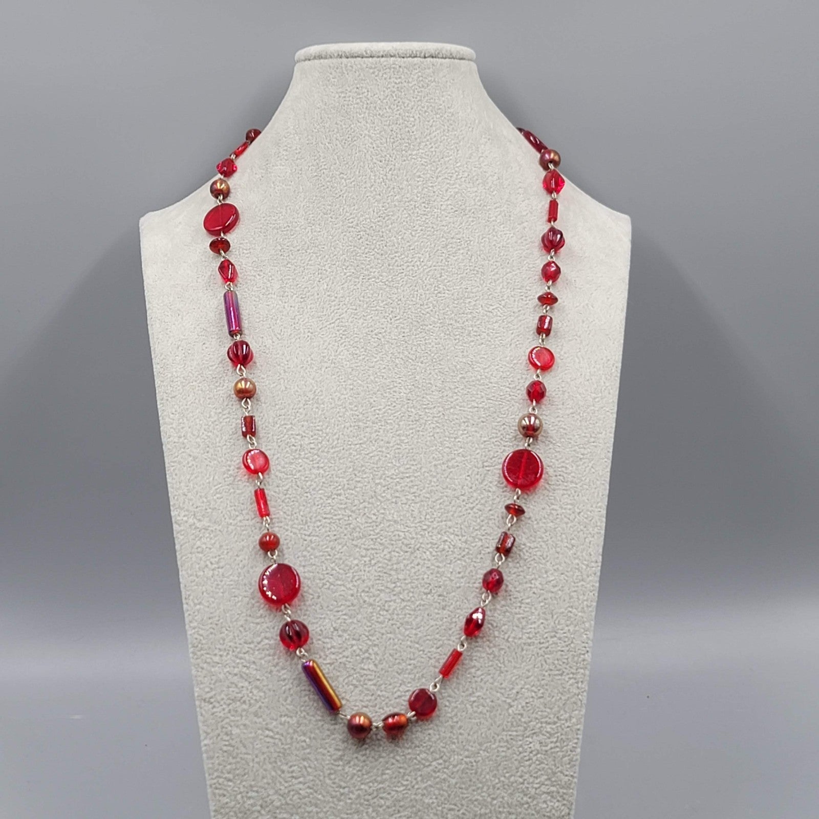 Ann Pedan Red Art Glass Bead Necklace Silver tone Long 26 in