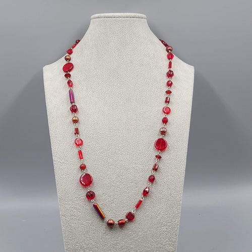 Ann Pedan Red Art Glass Bead Necklace Silver tone Long 26 in