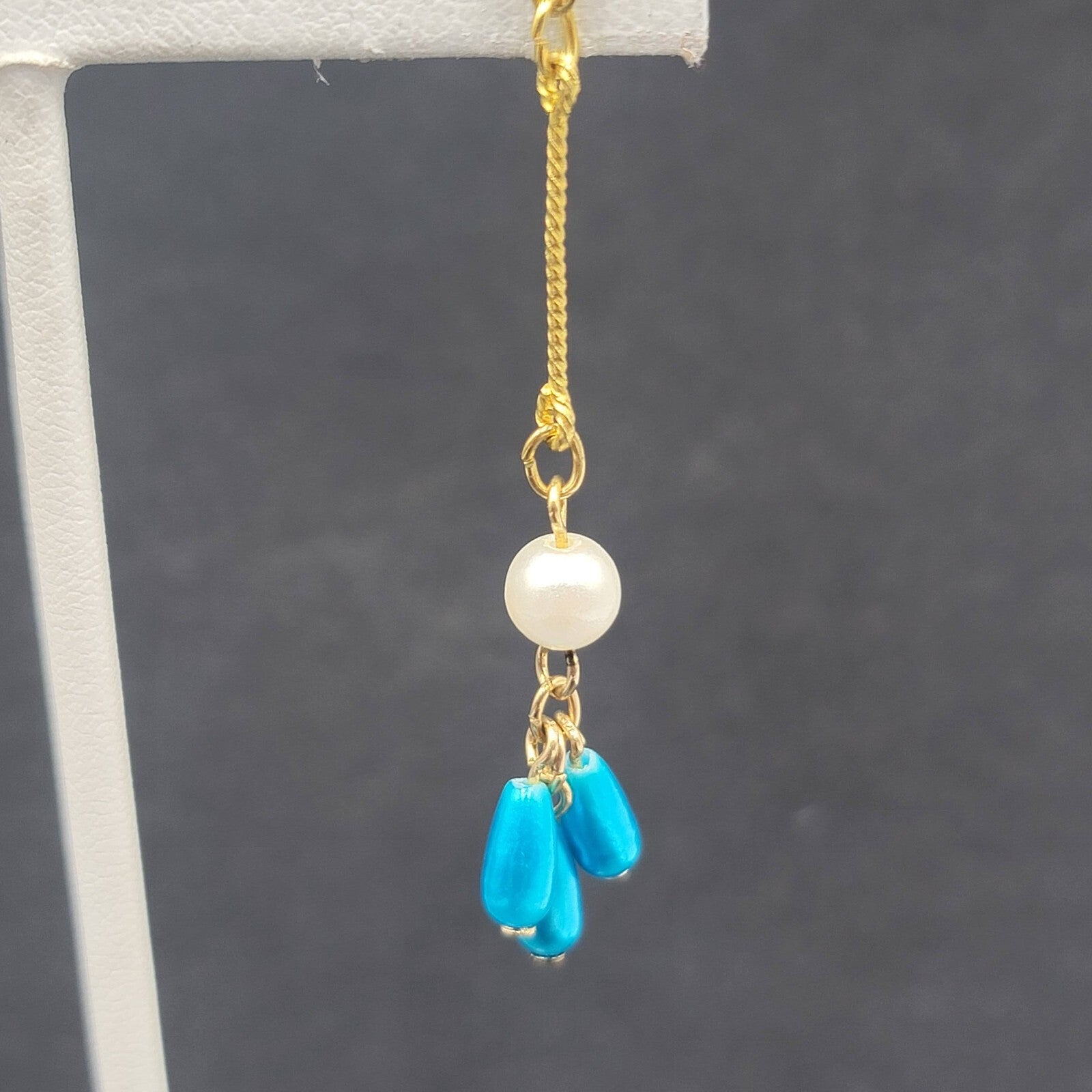 Pierced Earrings Gold Plated Bright Blue Beads Faux Pearl Dangle 2.25"