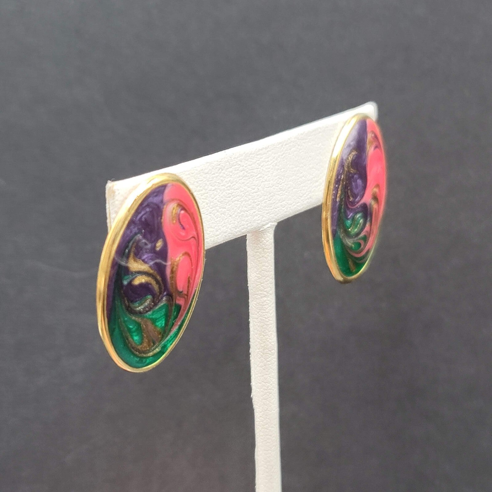 Vintage Pierced Earrings Green Purple Pink Swirl Enamel Oval Drop 1 1/8"