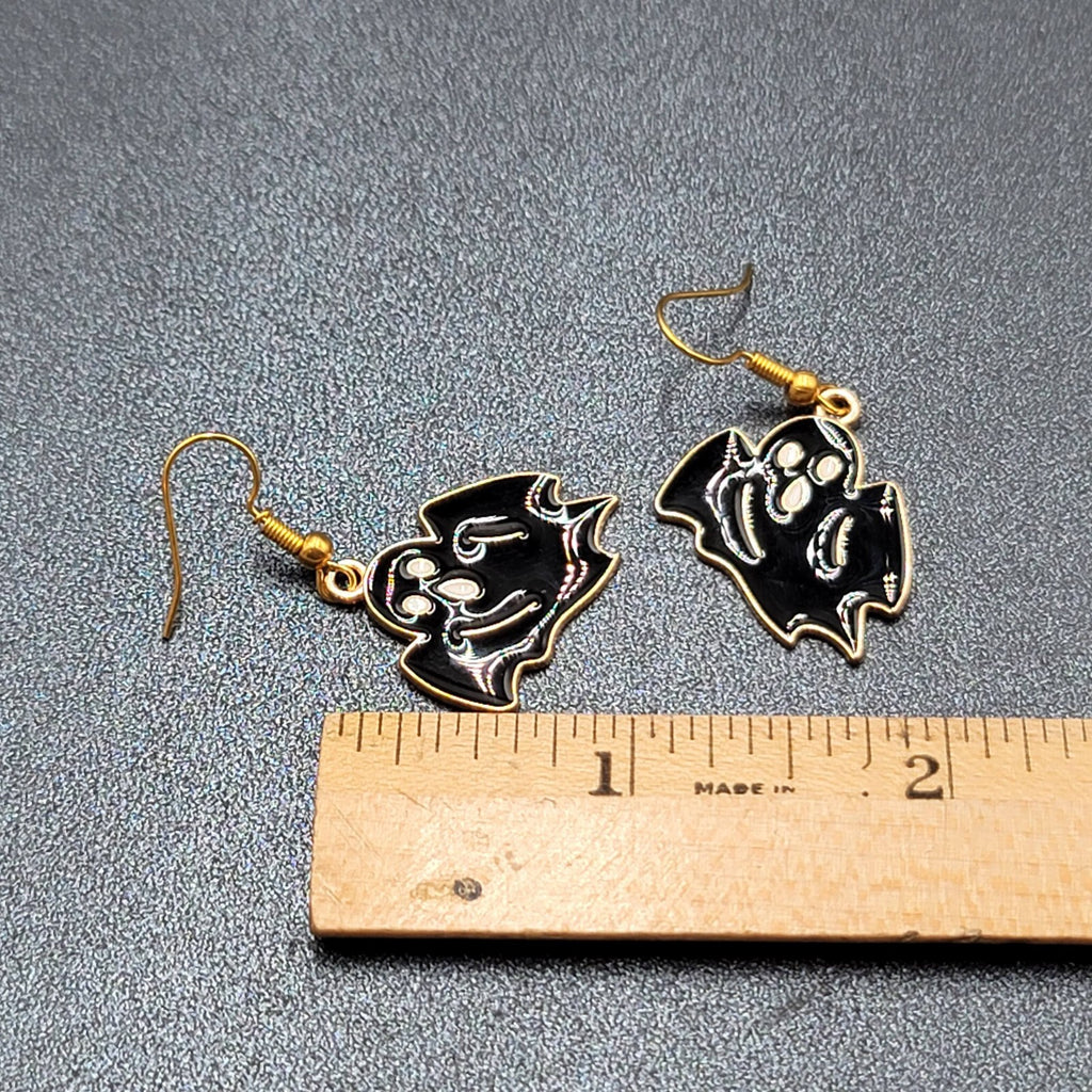 New Black Ghost Halloween Pierced Earrings Gold tone Enamel Dangle 1"