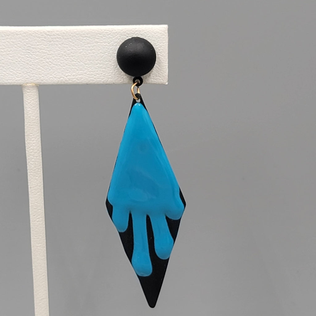 Vintage Black Blue Enamel Pierced Earrings Statement Dangle 2.75"
