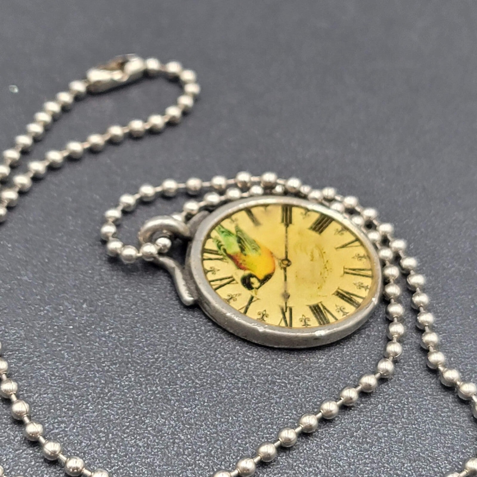 Necklace Signed Isabella Silver tone Bird Clock Pendant Ball Chain 18"