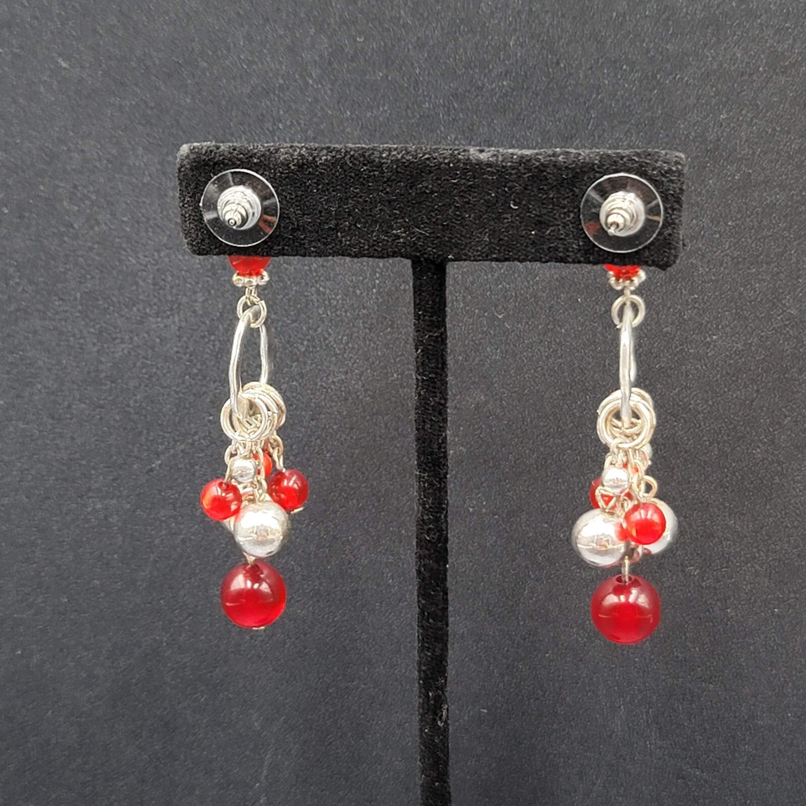 Pierced Earrings Silver tone Moonglow Red Beads Dangle 2.5"