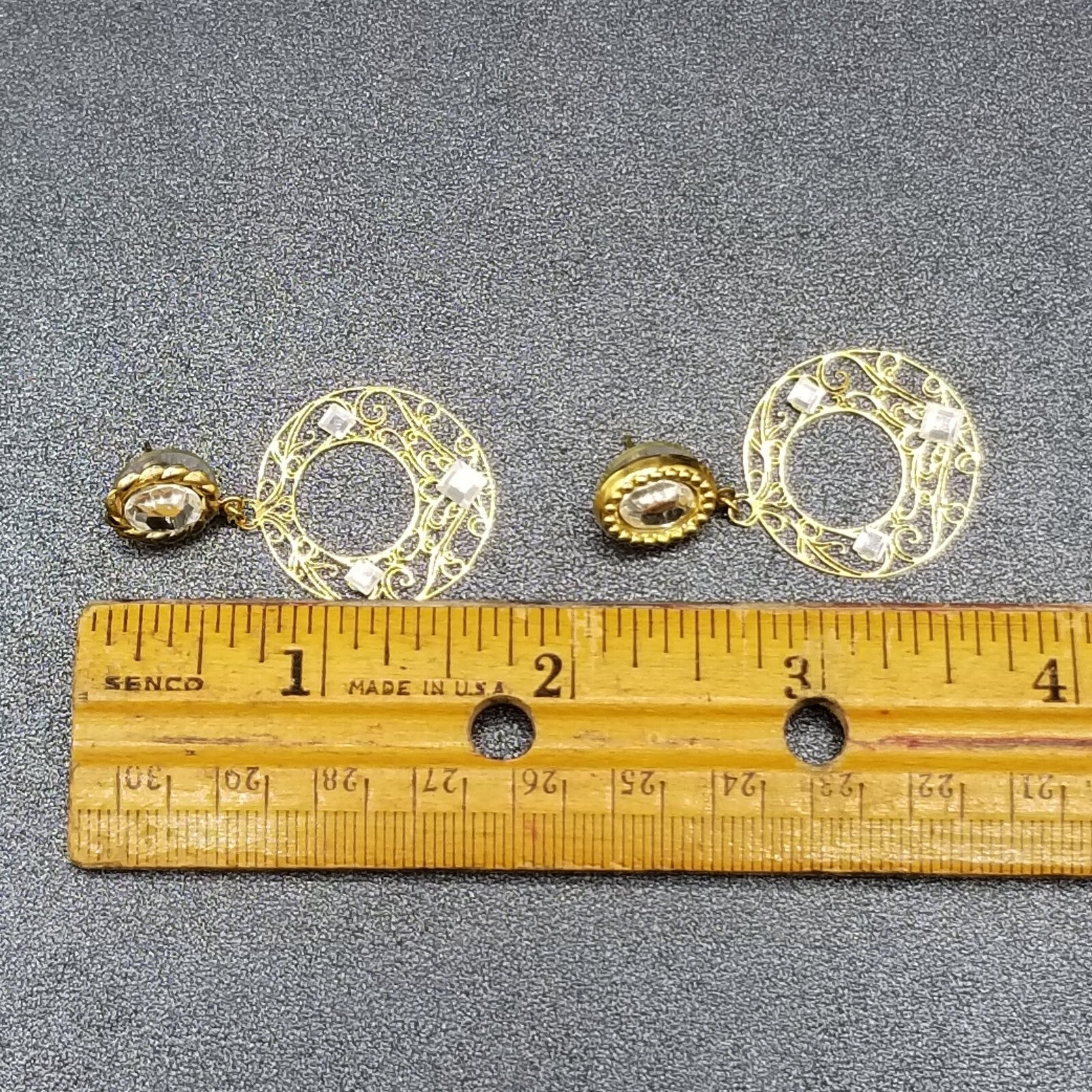 Pierced Earrings Gold tone Crystal Open Work Round Dangle 1 3/4"