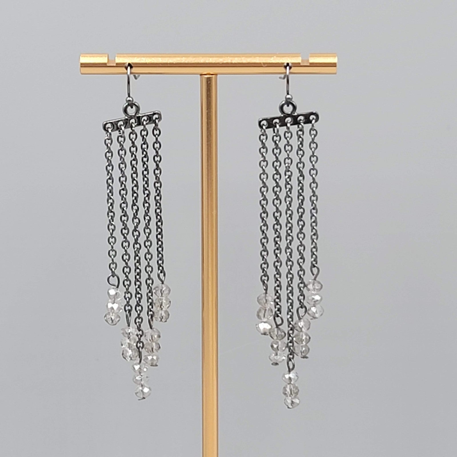 Black Metal Pierced Earrings Long Dangle Chains Beaded 3"
