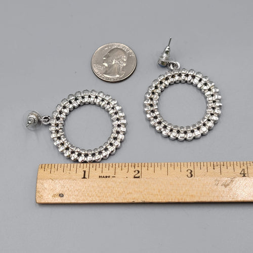 Blue Rhinestone Pierced Earrings Silver tone Open Circle Dangle 1 5/8"