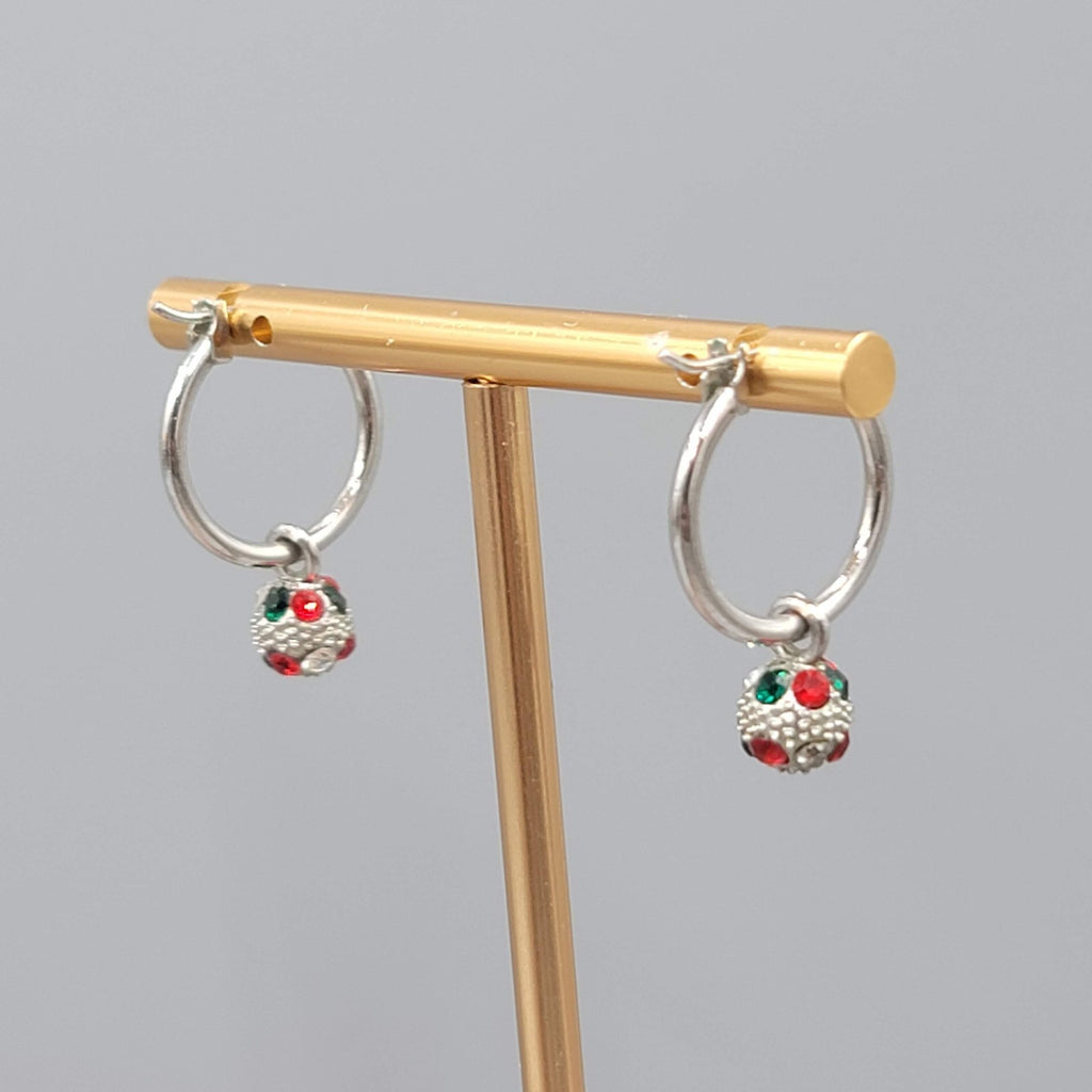 Christmas Red Green Crystal Pierced Earrings Silver tone Dangle Hoops 1 in