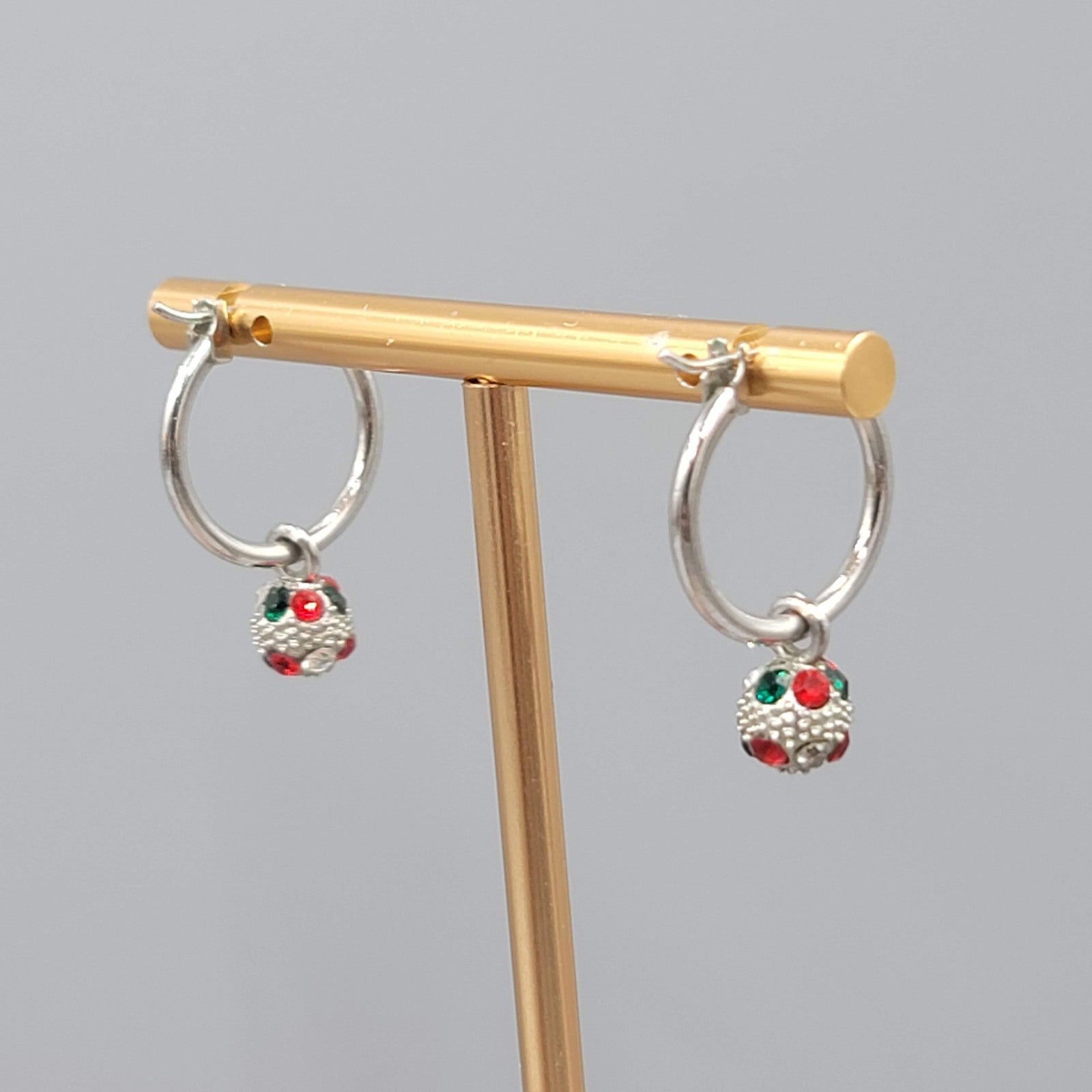 Christmas Red Green Crystal Pierced Earrings Silver tone Dangle Hoops 1 in