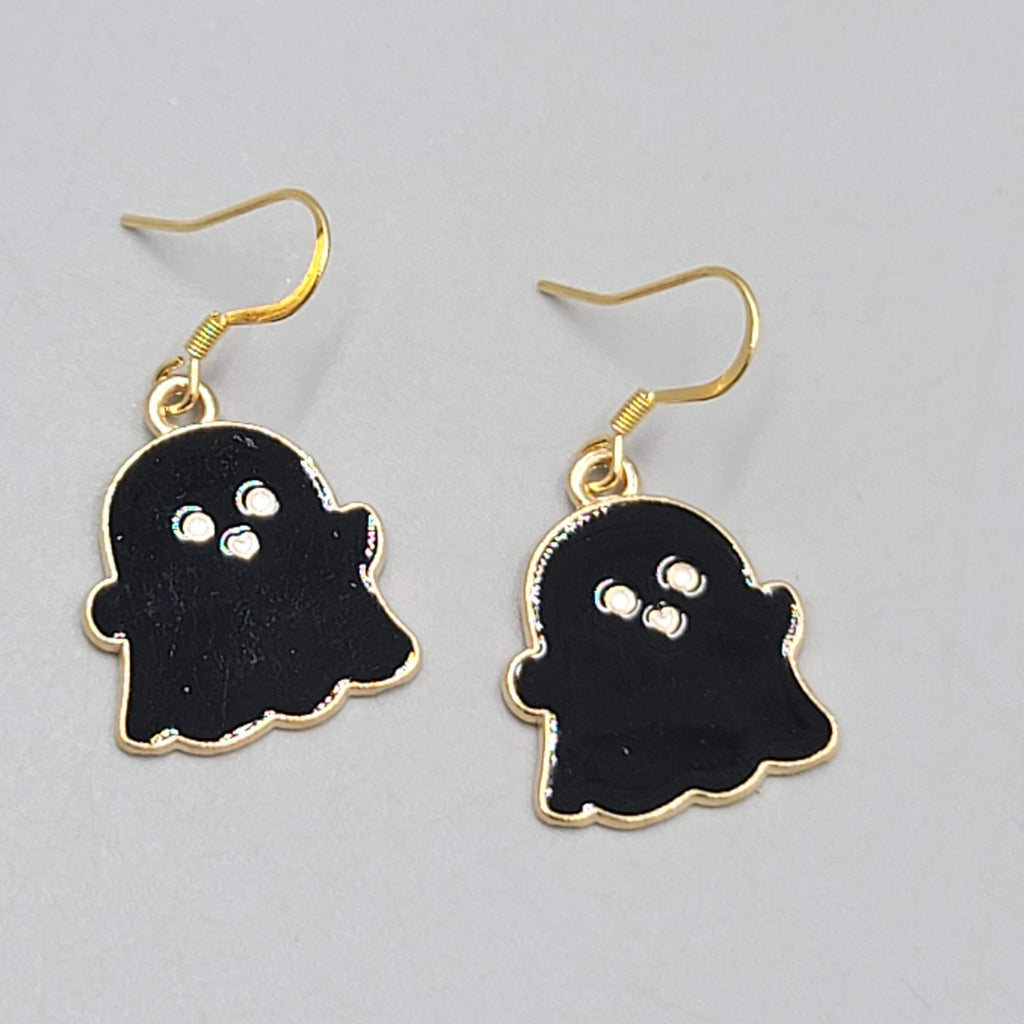 Black Enamel Ghost Pierced Earrings Dangle Gold tone Halloween Cute 7/8"