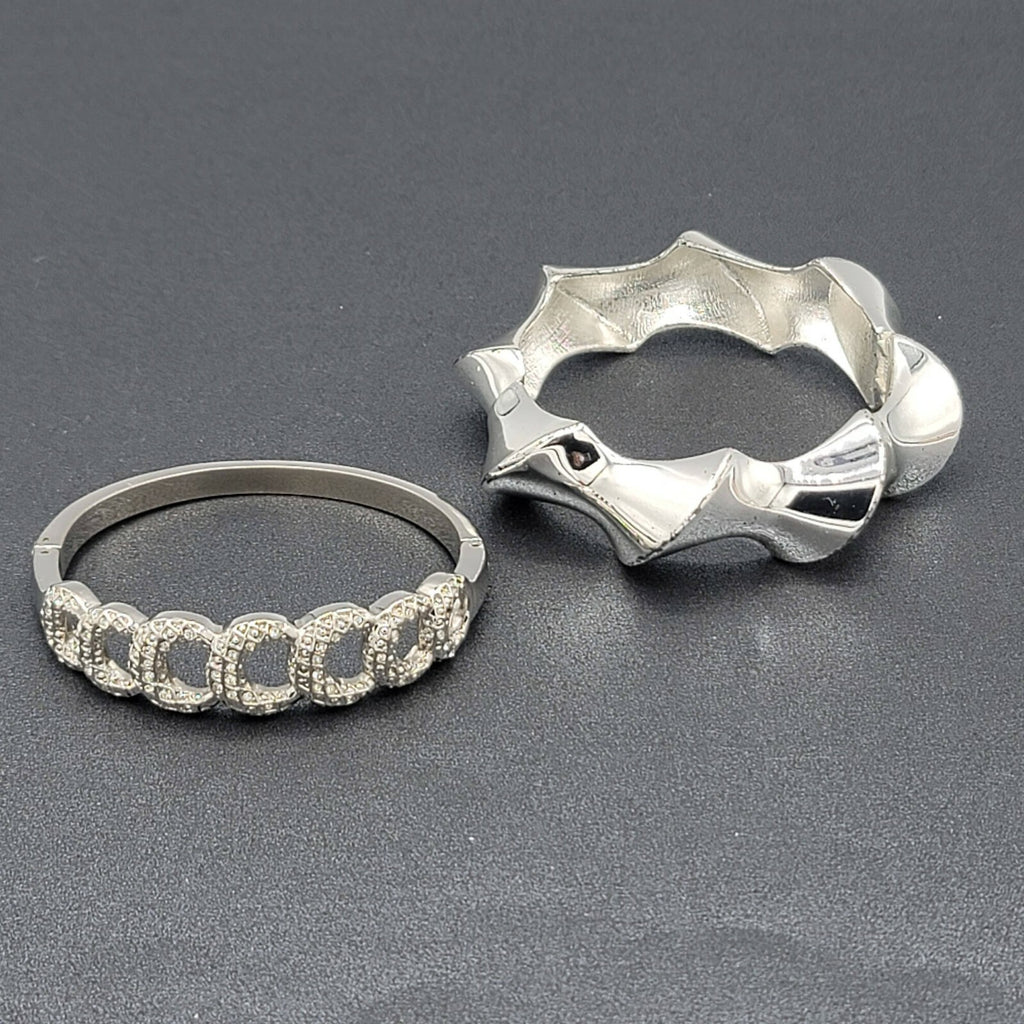 Lot of 2 Clamper Hinged Bracelets Silver Tone Womens Jewelry Rhinestone