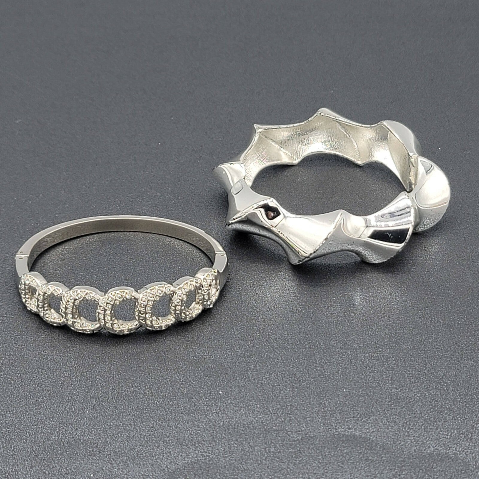 Lot of 2 Clamper Hinged Bracelets Silver Tone Womens Jewelry Rhinestone