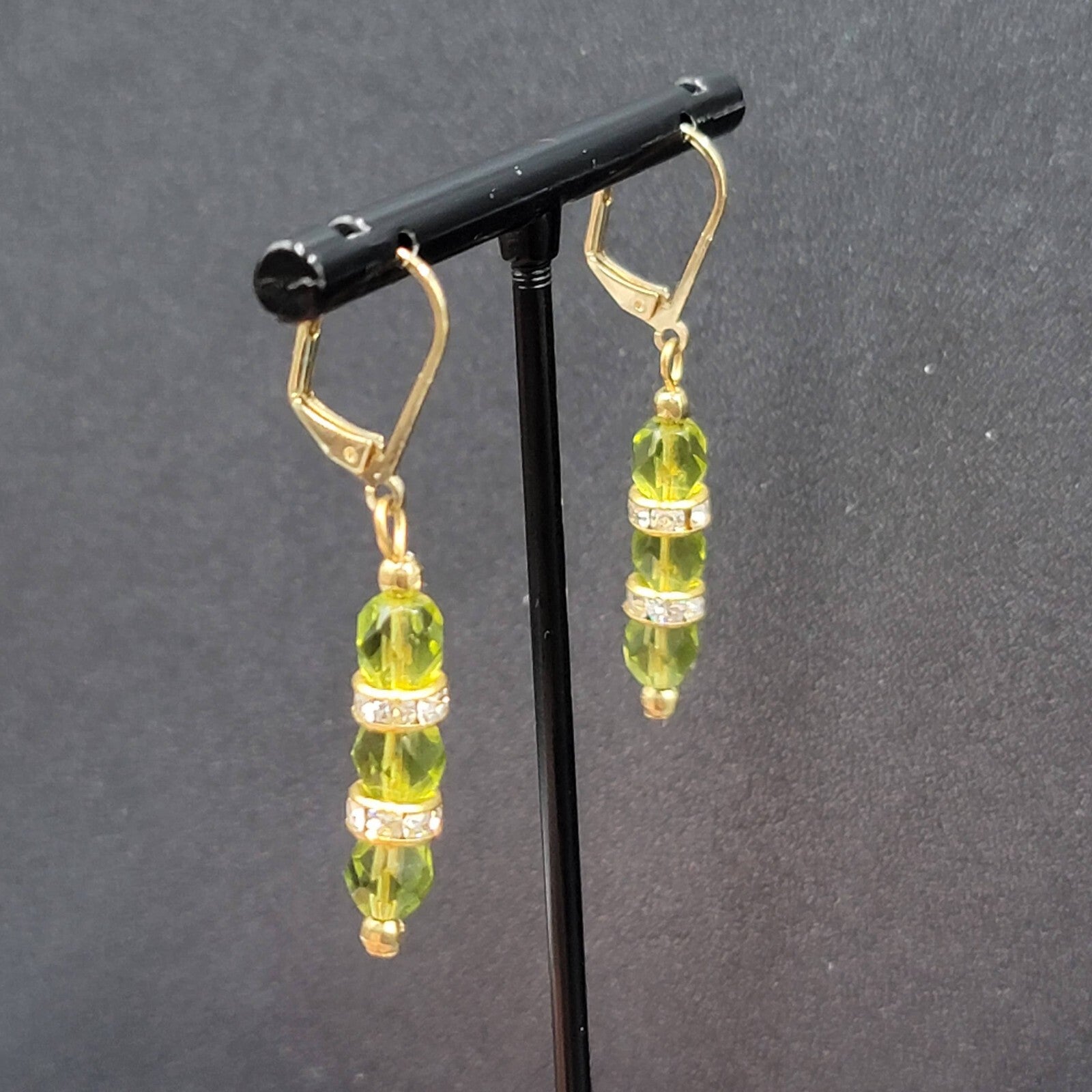 Pierced Earrings Green Faceted Bead Rhinestone Spacers Dangle 1.25"