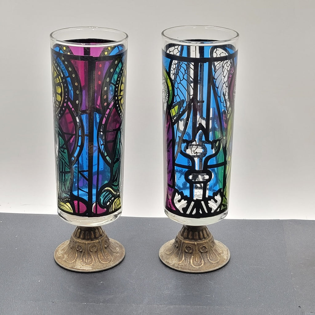 Stained Glass Mosaic Look Candle Holders Brass Base Nu Trend Religious Set of 2