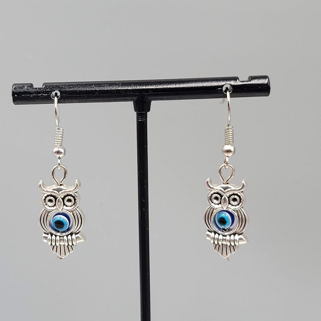 Owl Evil Eye Pierced Earrings Silver tone Blue Bead Dangle 1"