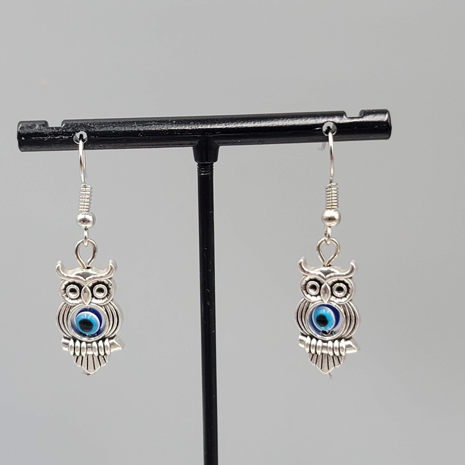 Owl Evil Eye Pierced Earrings Silver tone Blue Bead Dangle 1"