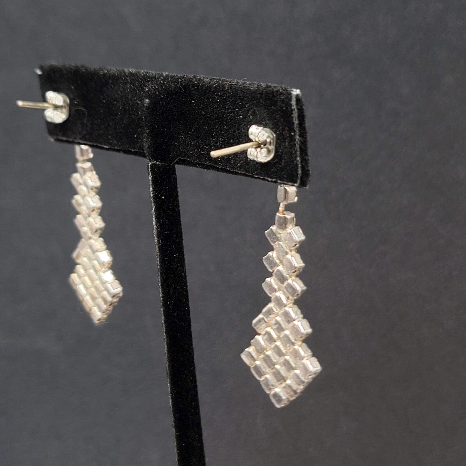 Vintage Pierced Earrings Silver tone Graduated Rhinestone Dangle 1.5"