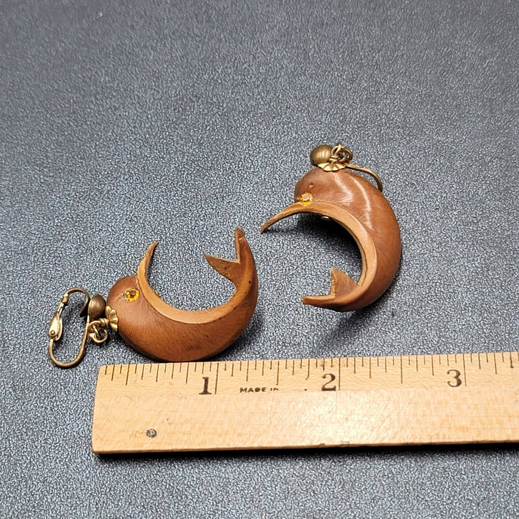 Vintage Clip on Earrings Gold tone Carved Dolphin Dangle Rhinestone 1 5/8"