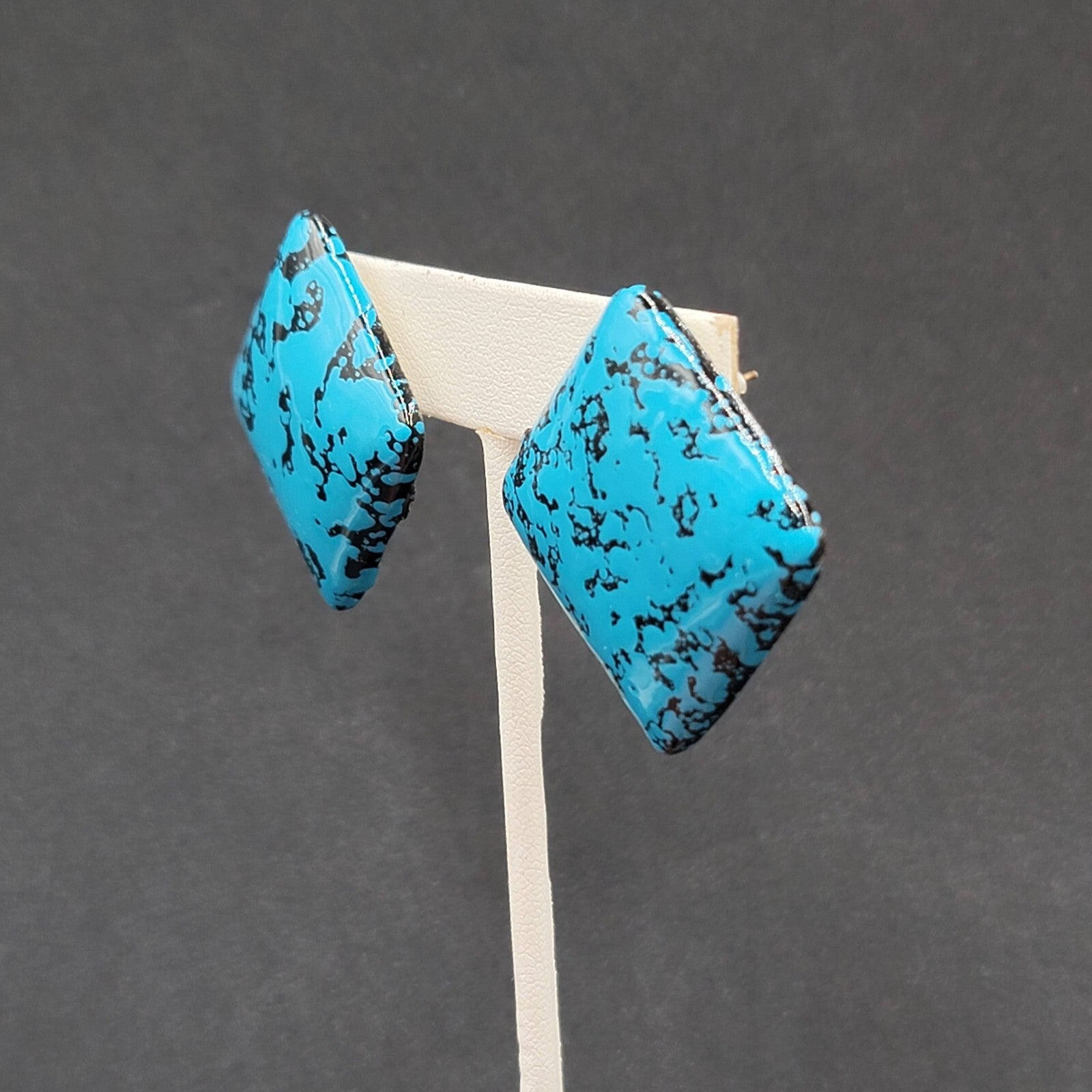 Vintage Pierced Earrings Acrylic Black Blue Enamel Statement Square Drop 1 1/8"