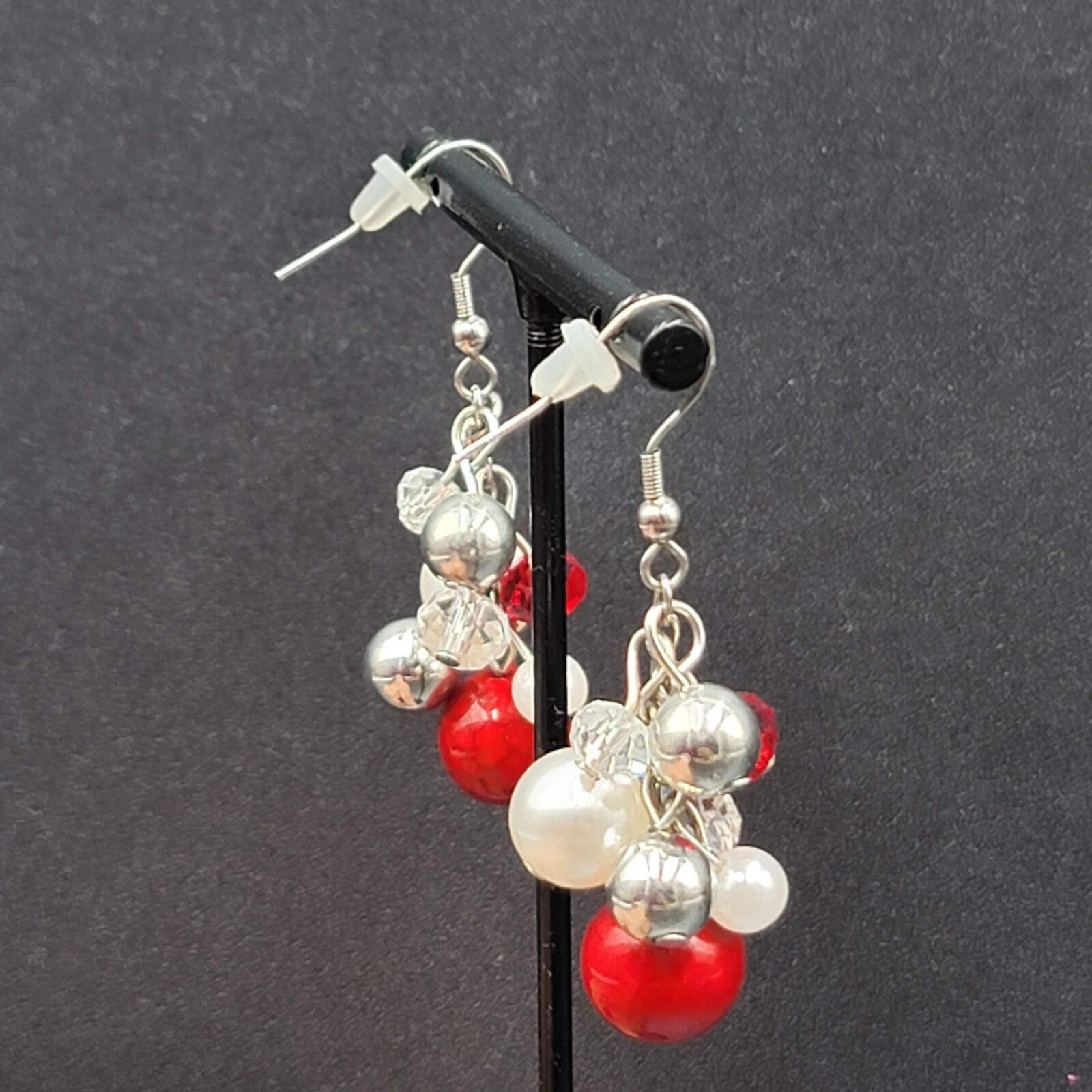 Pierced Earrings Silver tone Red White Cluster Bead Dangle 1.5"