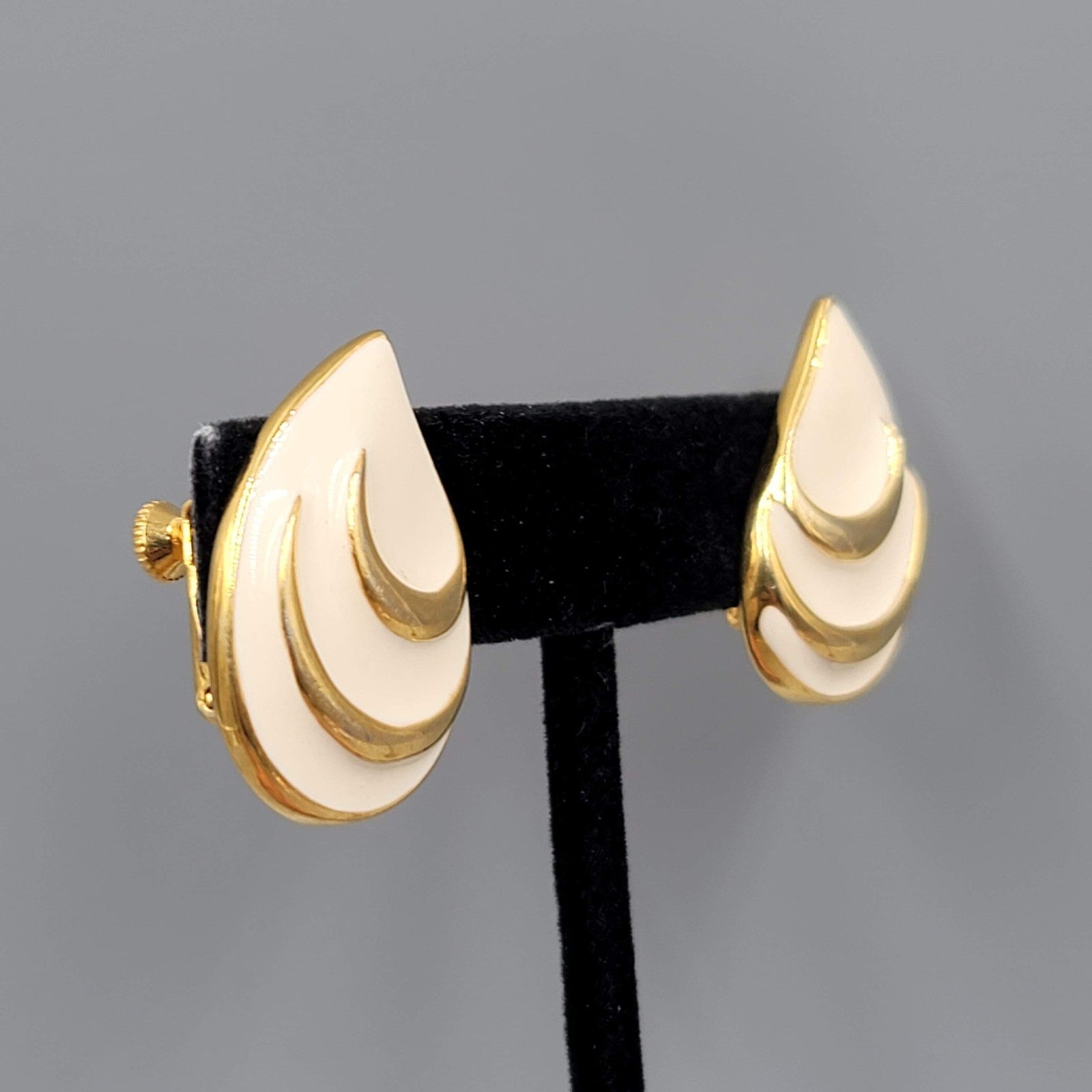Vintage White Enamel Clip on Earrings Gold Plated Drop Signed JS 1 1/8"