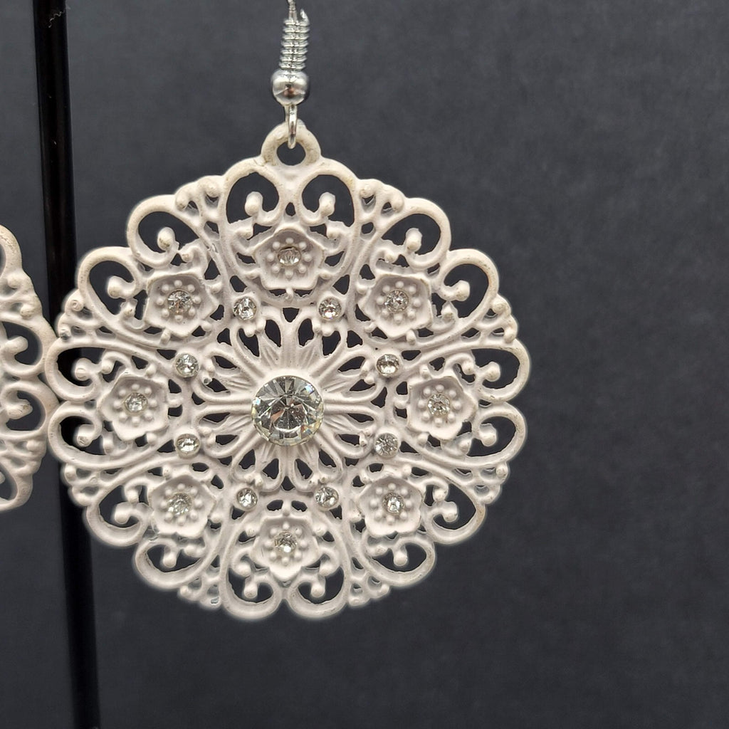 Pierced Earrings White Enamel Rhinestone Medallion Open Work 1.75"