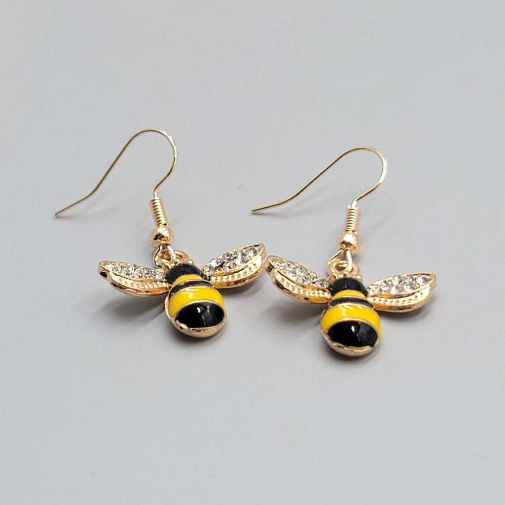 Bumble Bee Pierced Earrings Gold tone Rhinestone Yellow Enamel Dangle New 5/8"