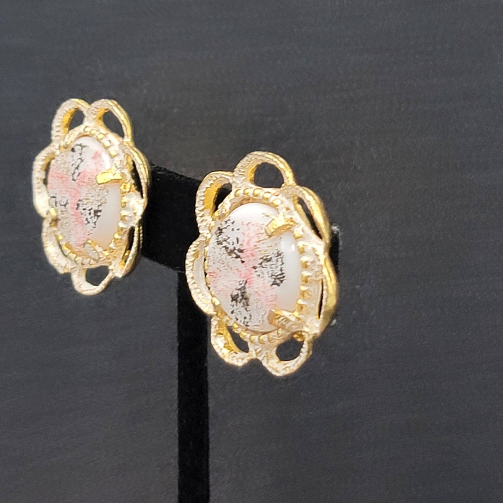 Vintage Clip on Earrings Gold tone White Pink Black Enamel Drop 1 1/8"