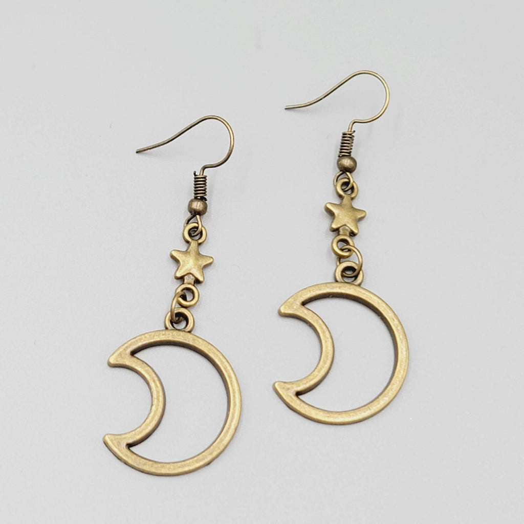 Star and Moon Pierced Earrings Bronze tone Dangle 1.5" New