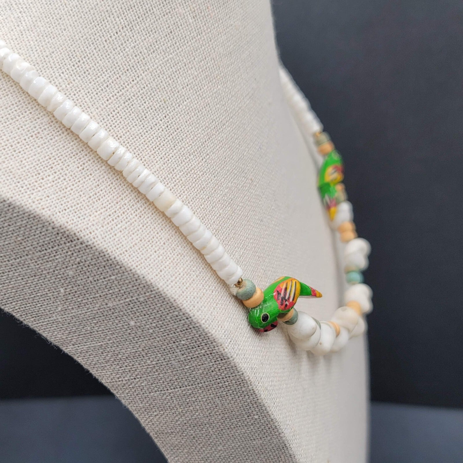 Vintage Shell Necklace Wood Hand Painted Parrot Beads 18"