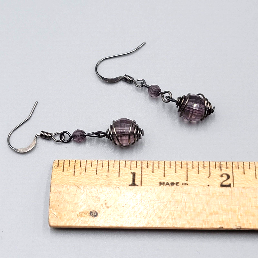 Purple Caged Bead Pierced Earrings Black Metal Dangle 1"