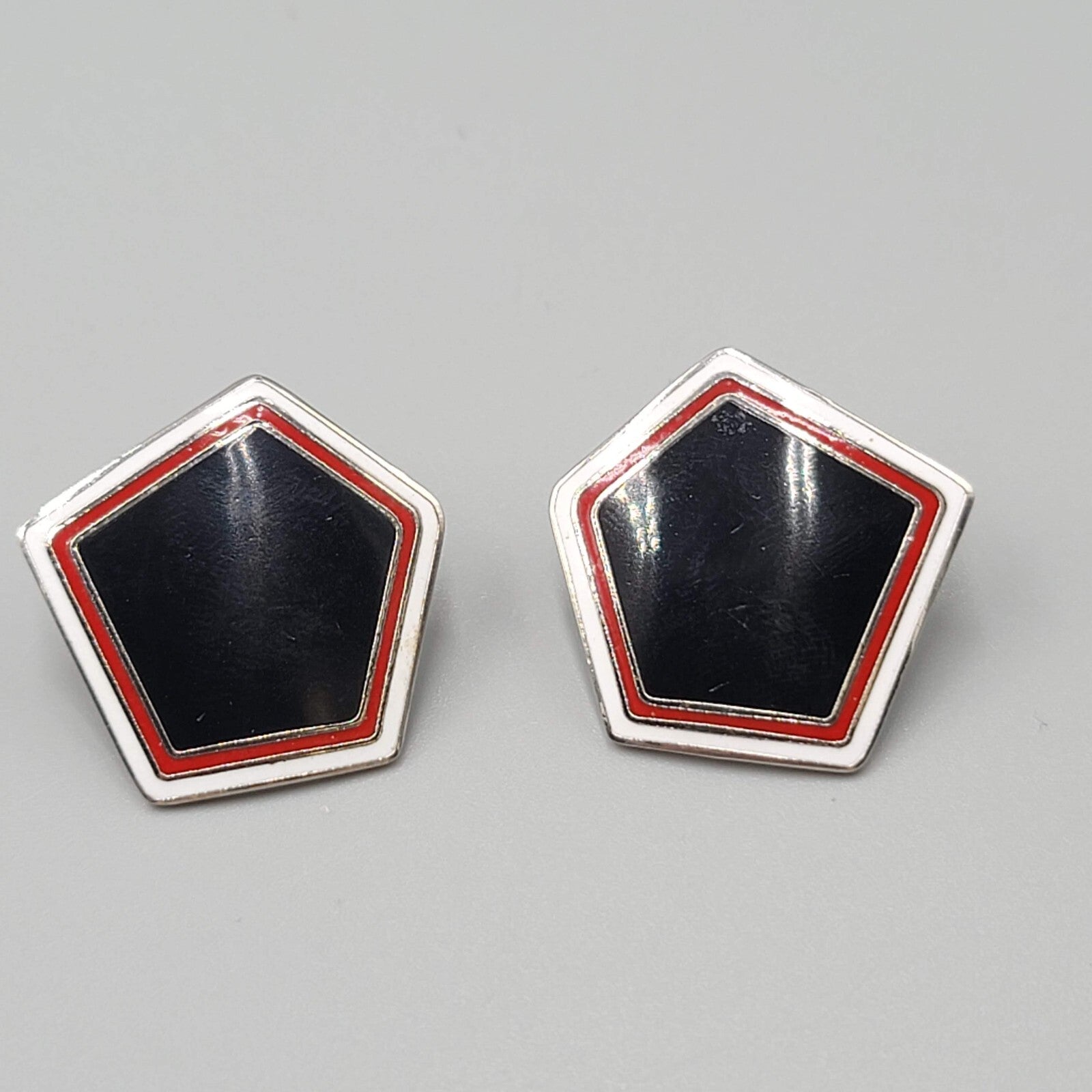 Vintage Roman Enamel Cloisonne Pierced Earrings Red White Black Drop 1"