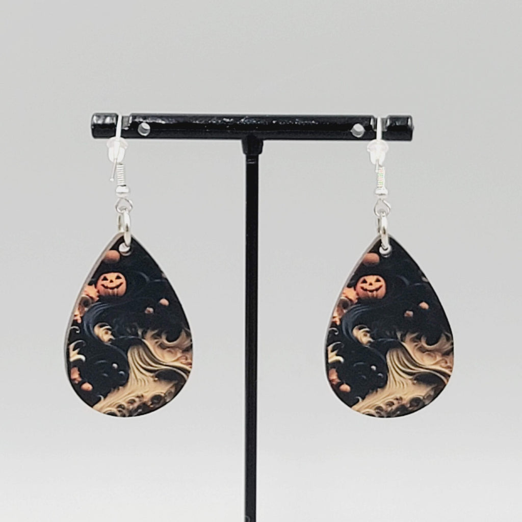 Halloween Pierced Earrings Wood Teardrop Dangle Two Sided 1.5"