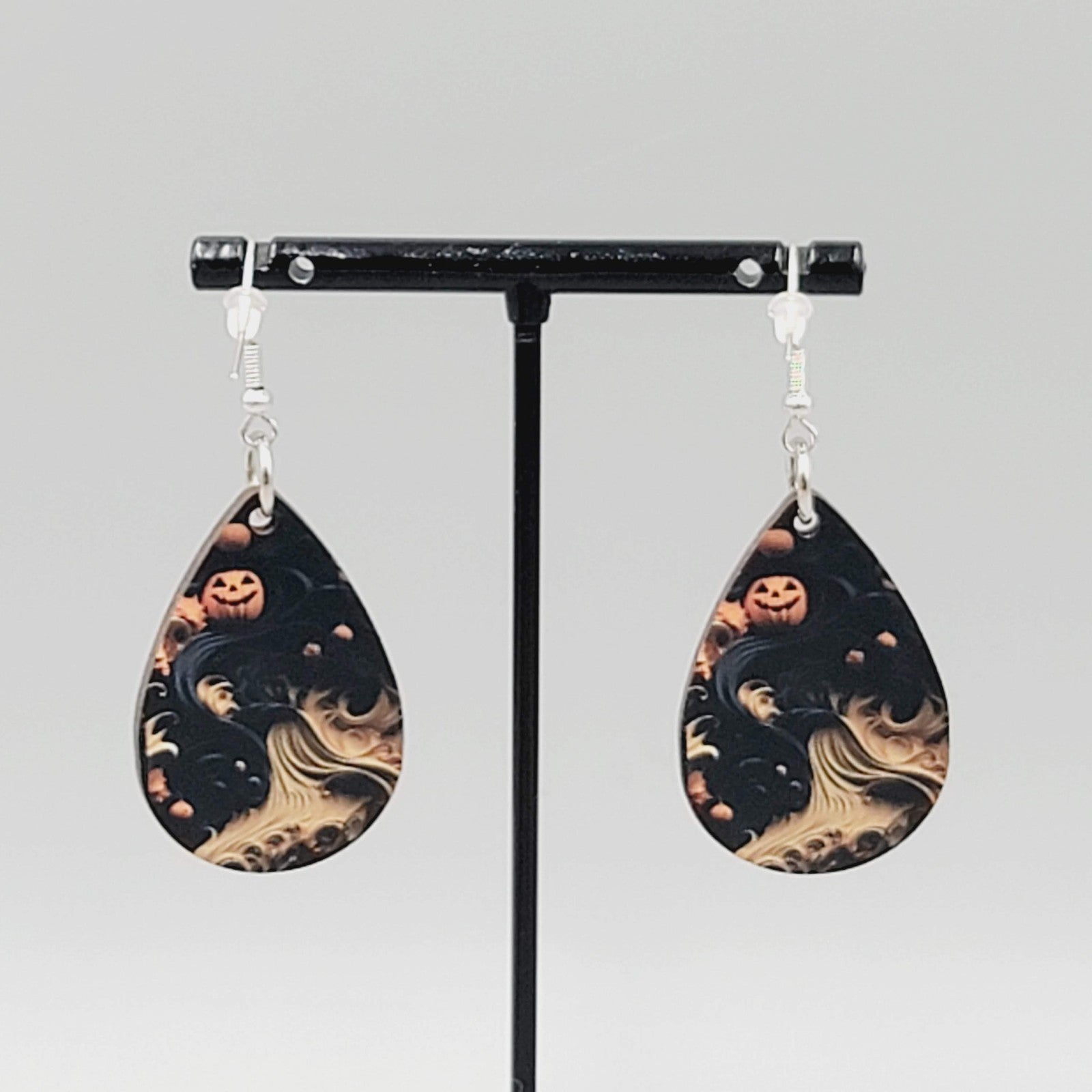 Halloween Pierced Earrings Wood Teardrop Dangle Two Sided 1.5"