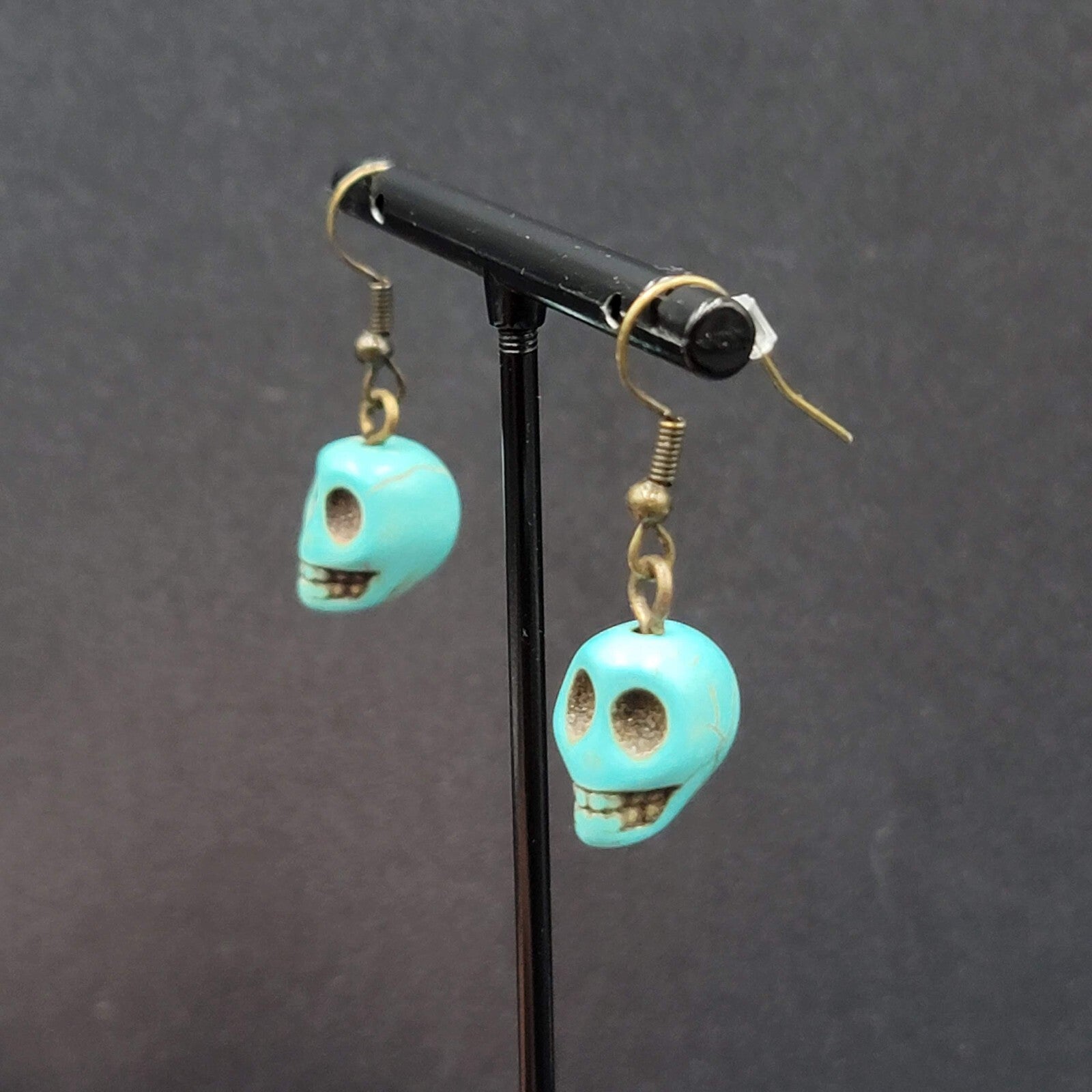 Skull Pierced Earrings Blue Howlite Stone Bead Dangle 3/4"