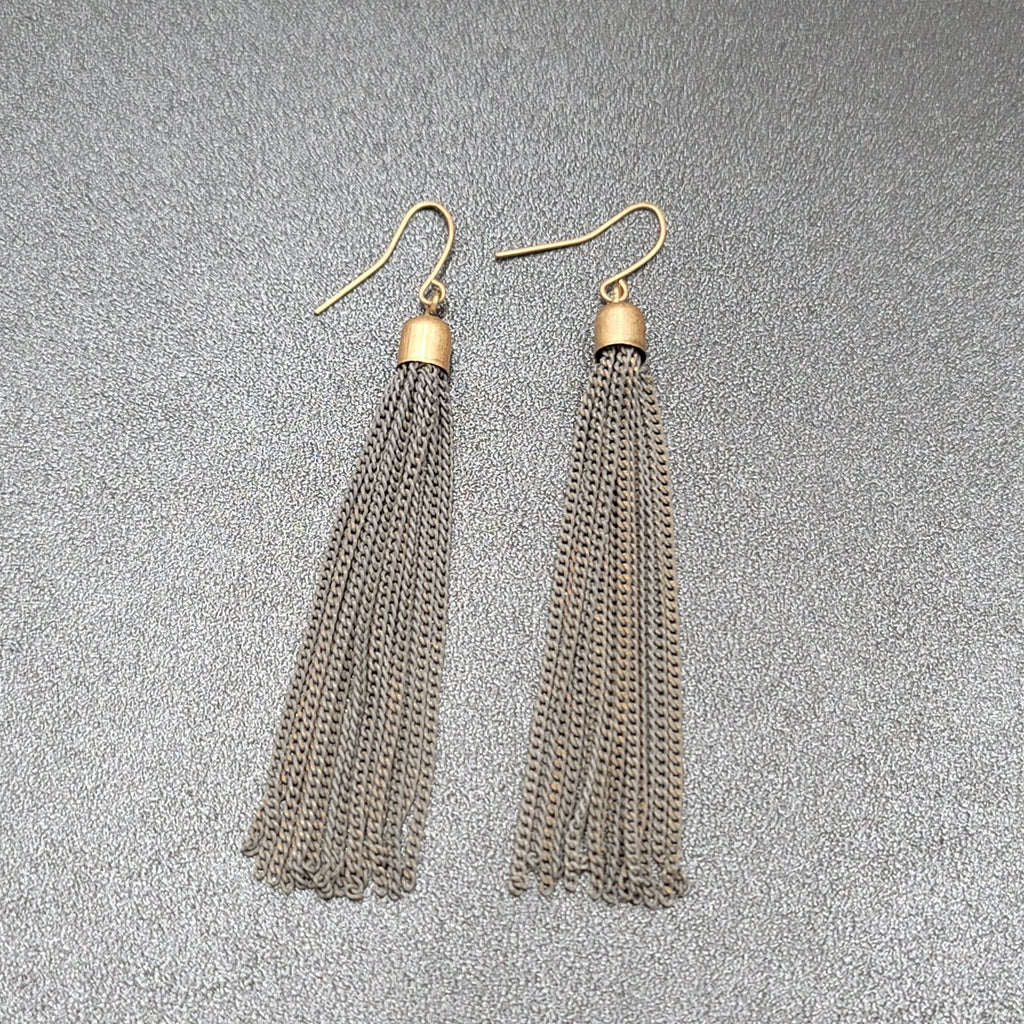 Pierced Earrings Gold tone Gray Multi Dangle Chains 2.75"